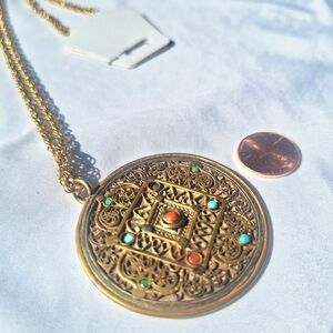 Vintage Tibetan Nepal Coral Turquoise Silver Brass Filigree Mandala Pendant